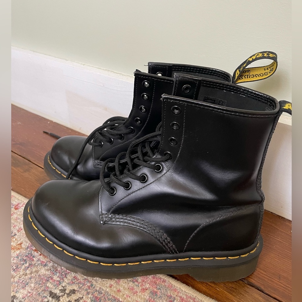 Dr. Martens Black Leather Combat Boots with Yellow Stitching - Picture 7 of 15